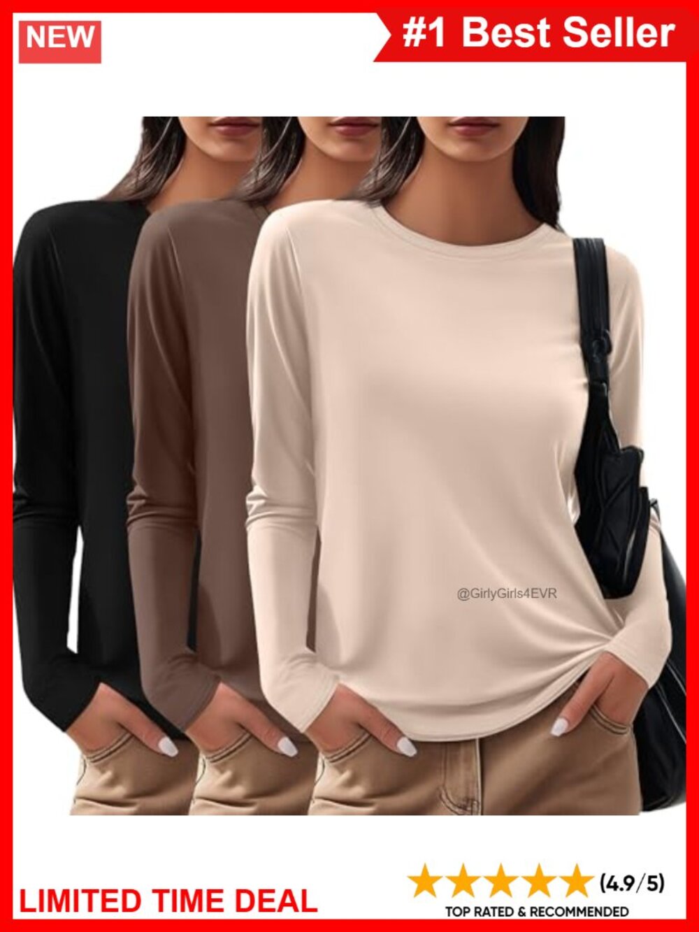 Women's Cotton 3 Pack Long Sleeve Crew Neck T Shirts Slim Fit Basic Tee